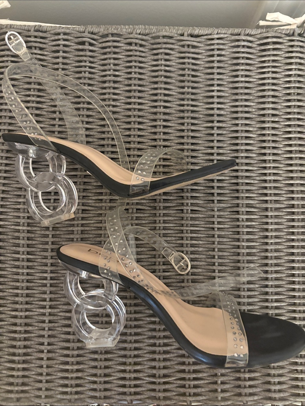 bebe Black Open-Toe Heels with Clear Studded Straps
